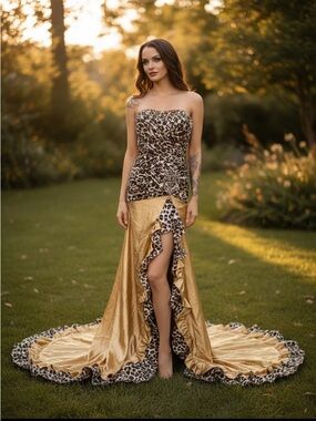 Light In Box Leopard Gold Satin Strapless Evening Gown Formal Prom Dress Small